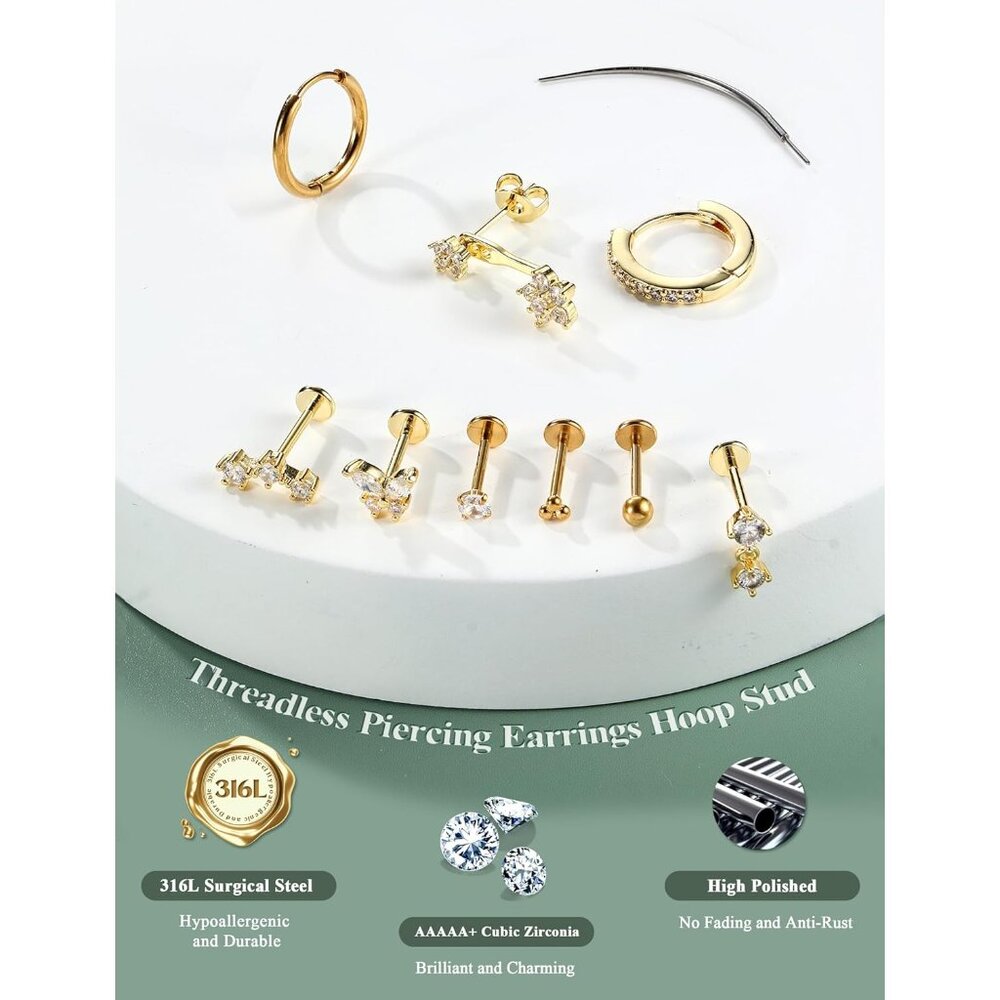 Elegant 9-Pair Threadless Flat Back Earrings Set … - image 2